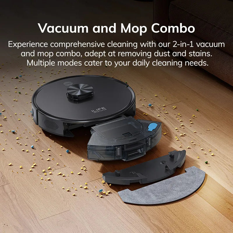 ILIFE T20s vacuum and map combo, black and gray robot view