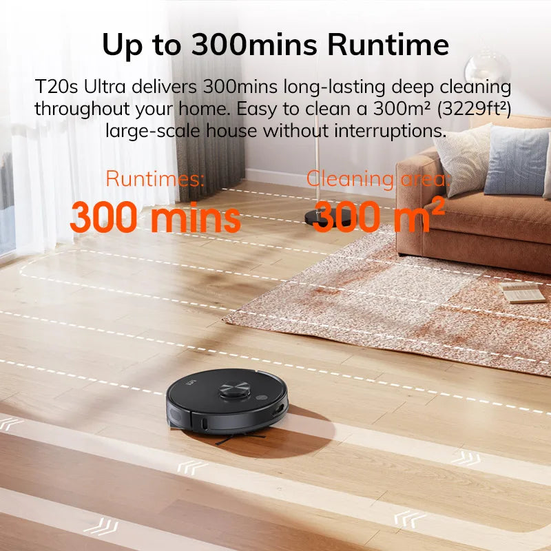 ILIFE T20s runtime feature, black robot with orange 300-minute graphic