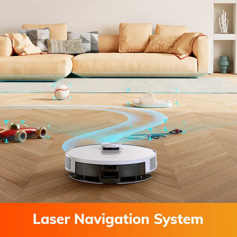 ILIFE V30 lifestyle shot, white robot vacuum cleaning on a floor