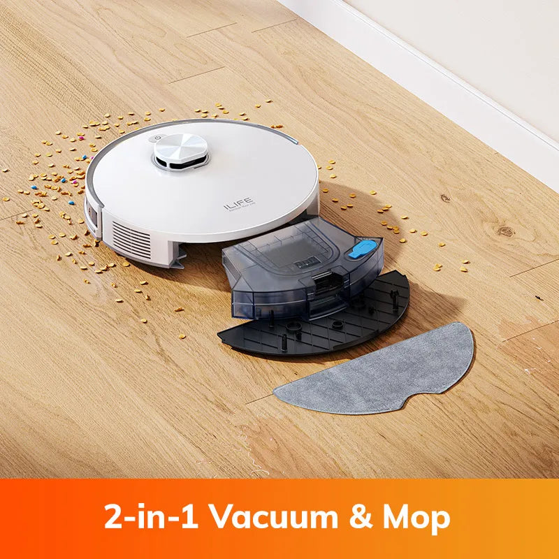 ILIFE V30 detail shot, compact 2-in-1 white and black robot vacuum