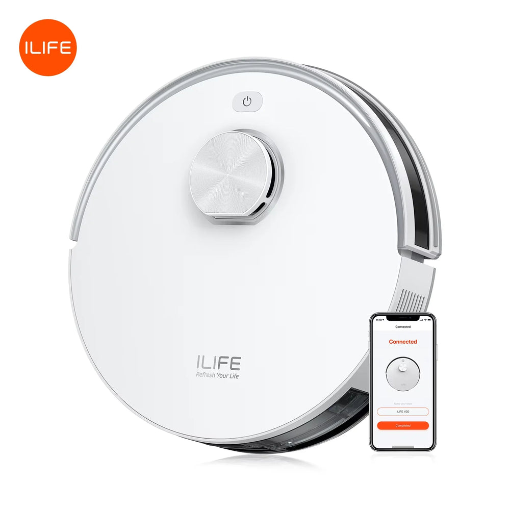 ILIFE V30 front view, compact white robot vacuum with control panel