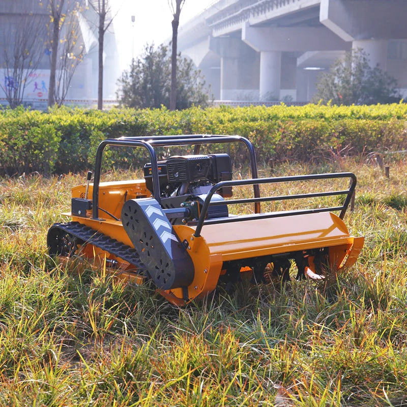 AIWEIYA orange flail mower front blade in grass outdoor view
