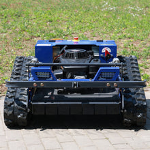 AIWEIYA remote control lawn mower, blue tracked vehicle rear view