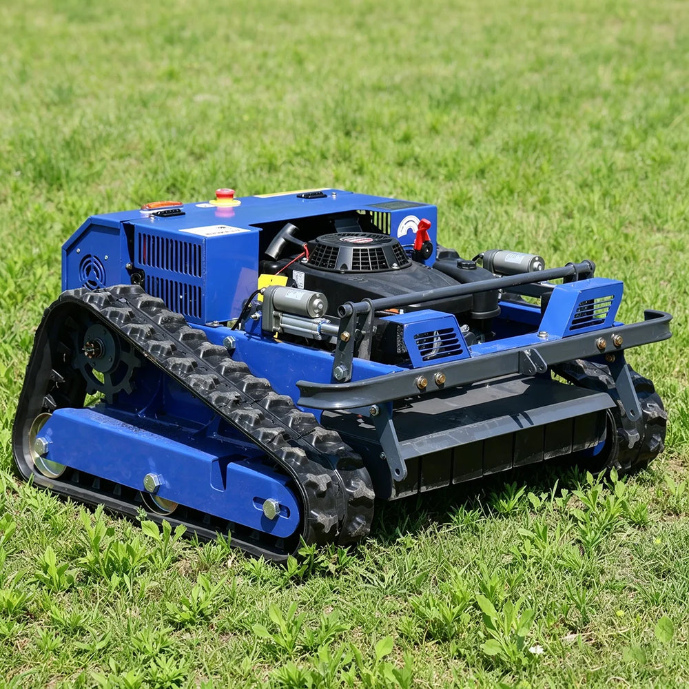 AIWEIYA remote control lawn mower, blue tracked vehicle side view