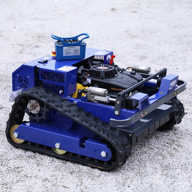 AIWEIYA remote control lawn mower, blue tracked vehicle side view