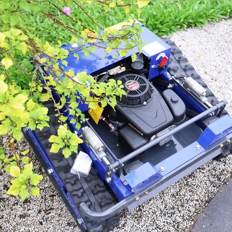 AIWEIYA remote control lawn mower, blue tracked vehicle side view