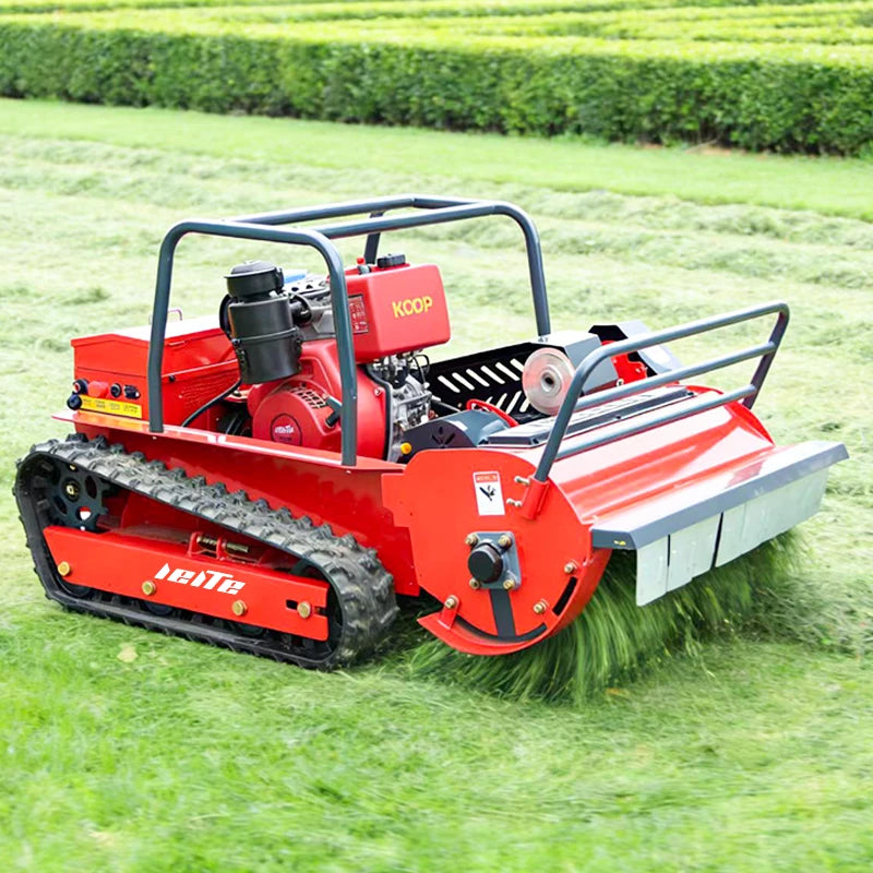 LEITE red tracked mini robot mower lifestyle shot