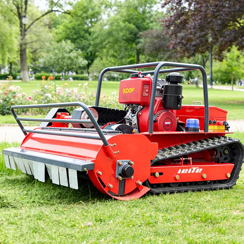 LEITE red tracked mower rear view on natural background