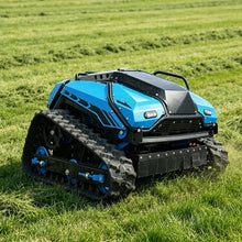 Robot lawn mower blue tracked vehicle front lifestyle in natural setting