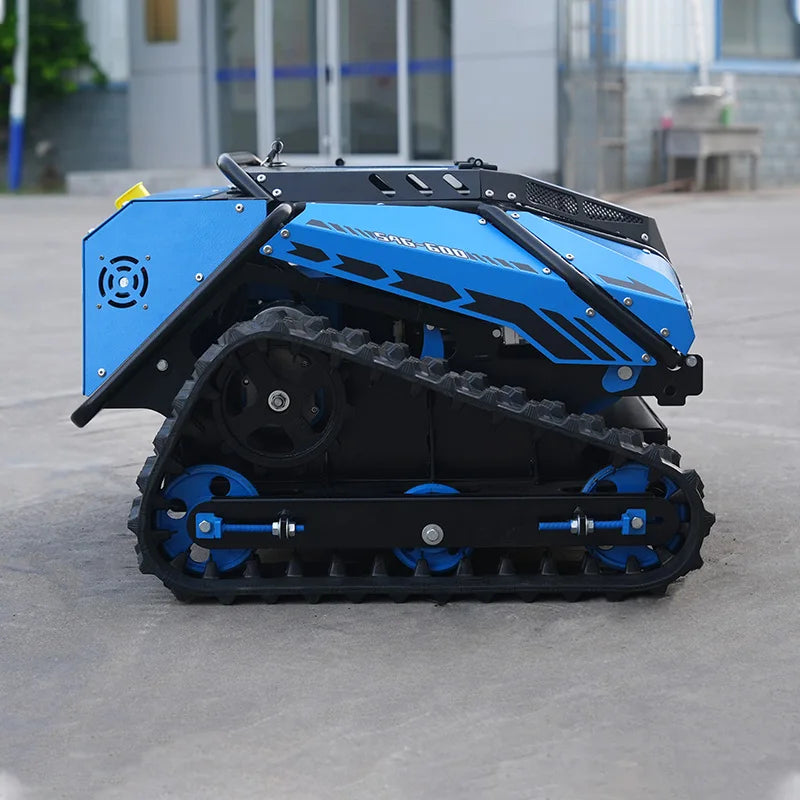 Robot lawn mower blue tracked vehicle rear view on studio background