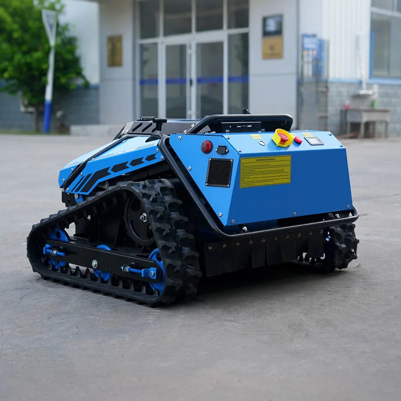 Robot lawn mower blue tracked vehicle side view on natural background