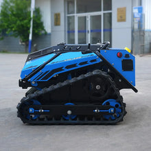 Robot lawn mower blue tracked vehicle side view with rugged treaded wheels