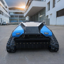 Robot lawn mower blue tracked vehicle side profile on studio background