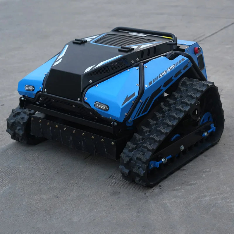 Robot lawn mower blue tracked vehicle side studio view with treaded tracks