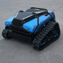 Robot lawn mower blue tracked vehicle side studio view with treaded tracks