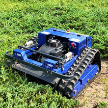 AIWEIYA blue tracked robot mower detail close-up of engine compartment