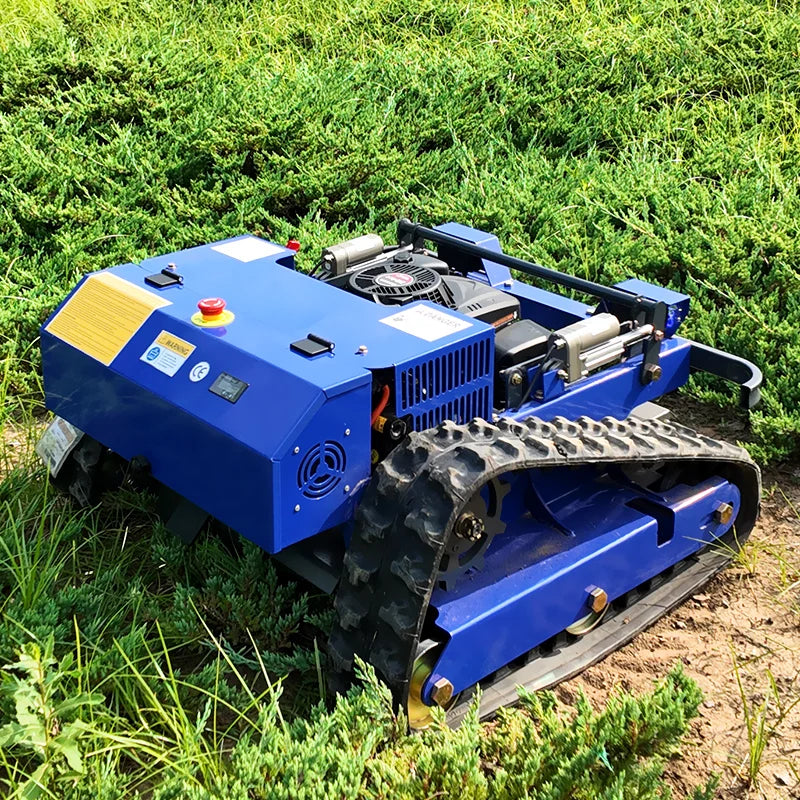 AIWEIYA blue and black tracked robot mower side view with engine visible