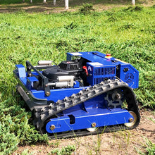 AIWEIYA blue robotic mower lifestyle shot with tracked wheels and engine compartment