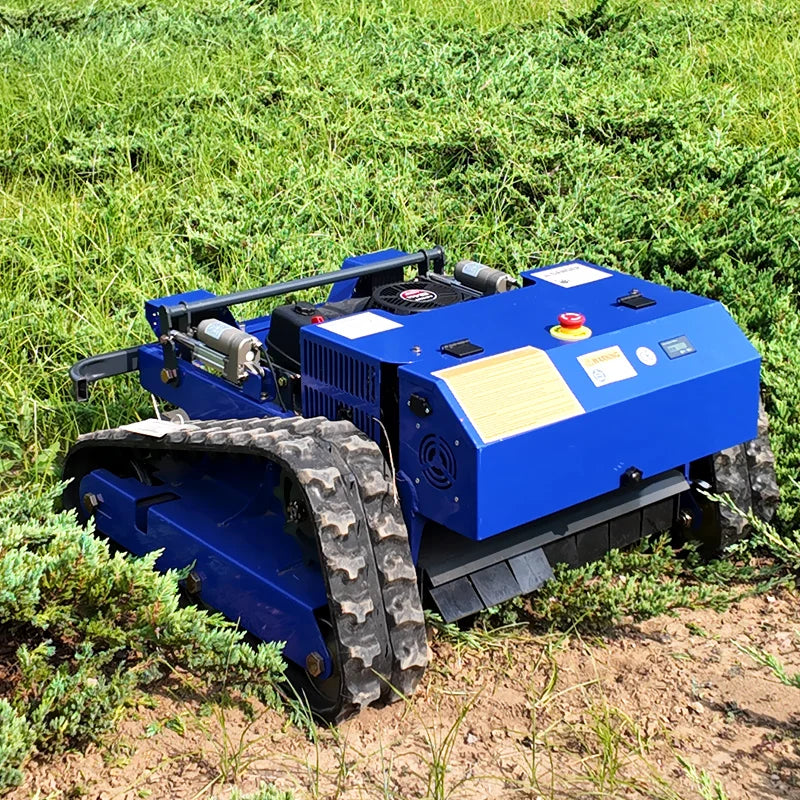 AIWEIYA blue and black tracked robot mower lifestyle shot with control panel
