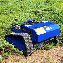 AIWEIYA blue and black tracked robot mower lifestyle shot with control panel