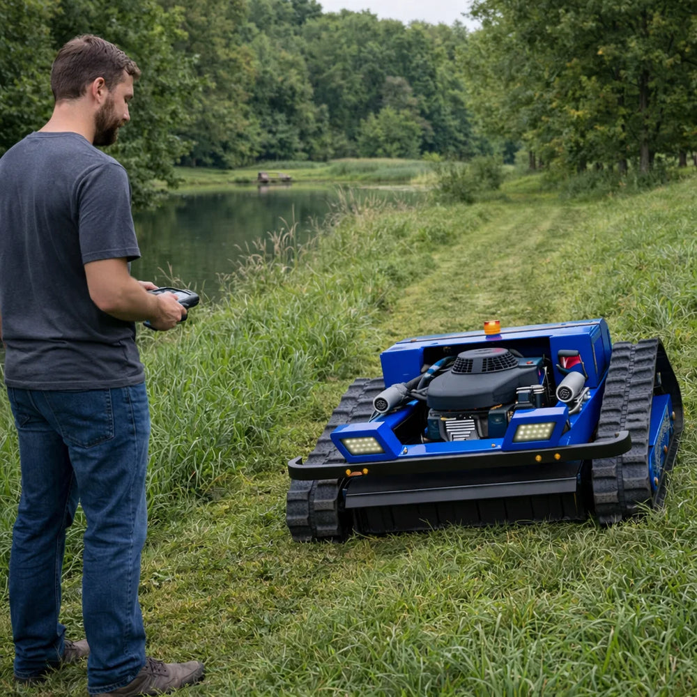 AIWEIYA tracked robot mower in blue and green, remote control lifestyle shot