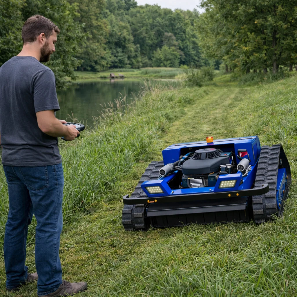 AIWEIYA tracked robot mower in blue and green, remote control lifestyle shot