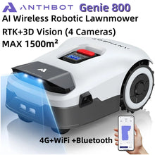 ANTHBOT Genie 800 packaging shot with white, blue, black robotic mower and 4 cameras