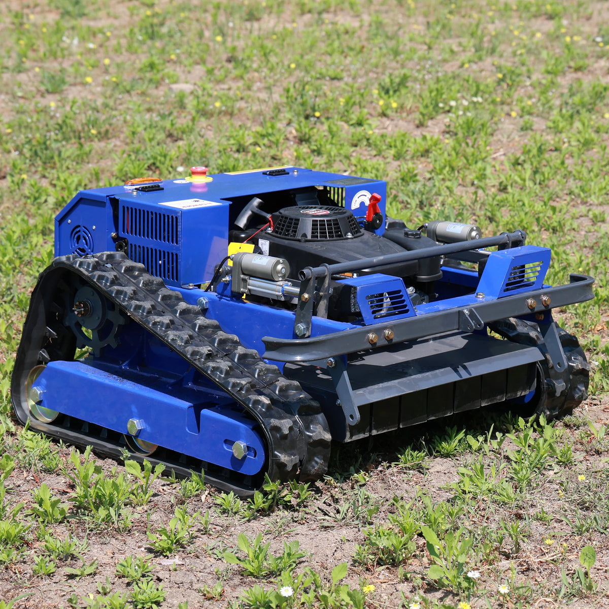 AIWEIYA tracked mower blue remote crawler, front view with front camera