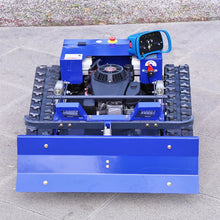AIWEIYA tracked mower blue remote crawler, front view with control panel and blade