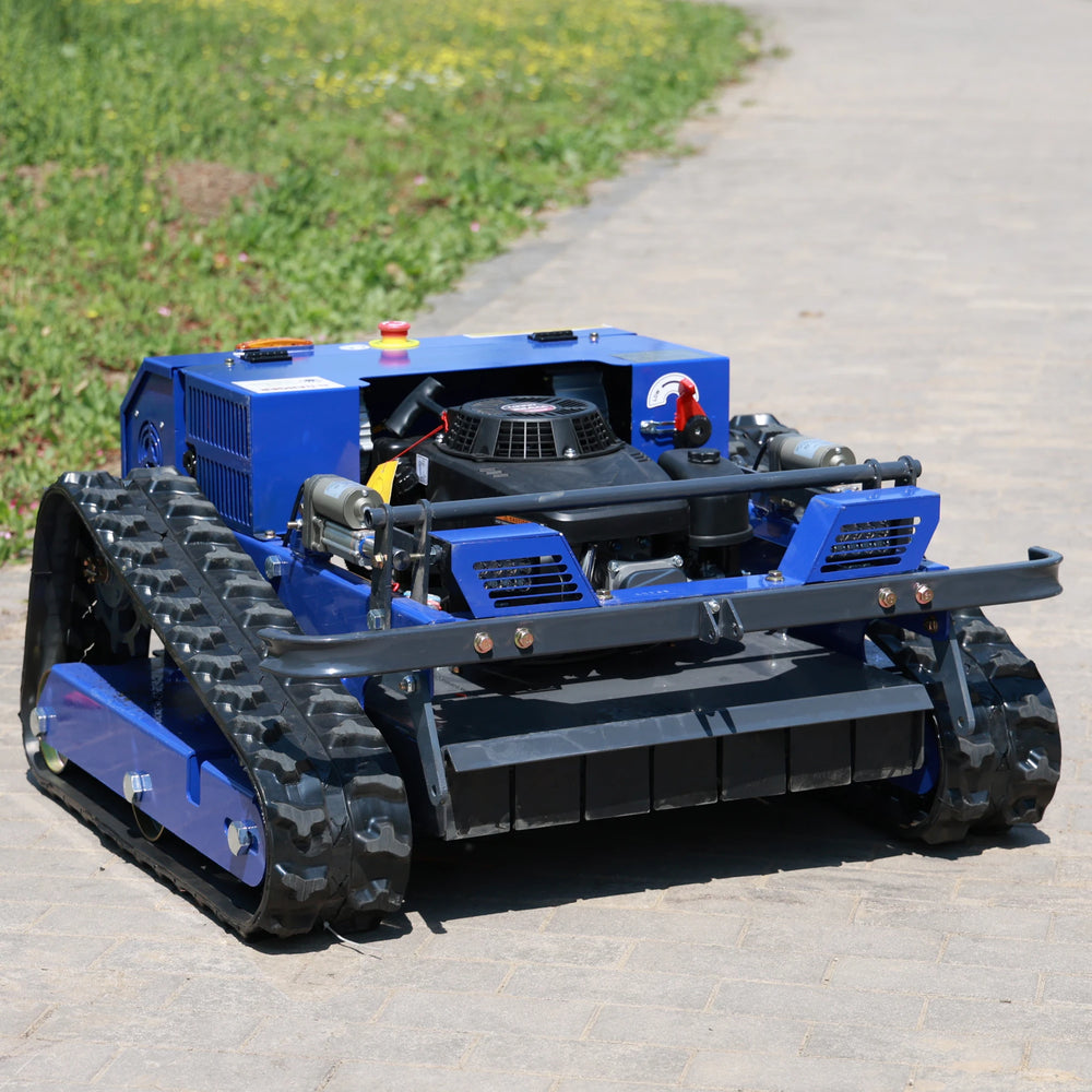 AIWEIYA tracked mower blue remote crawler, side view with front camera
