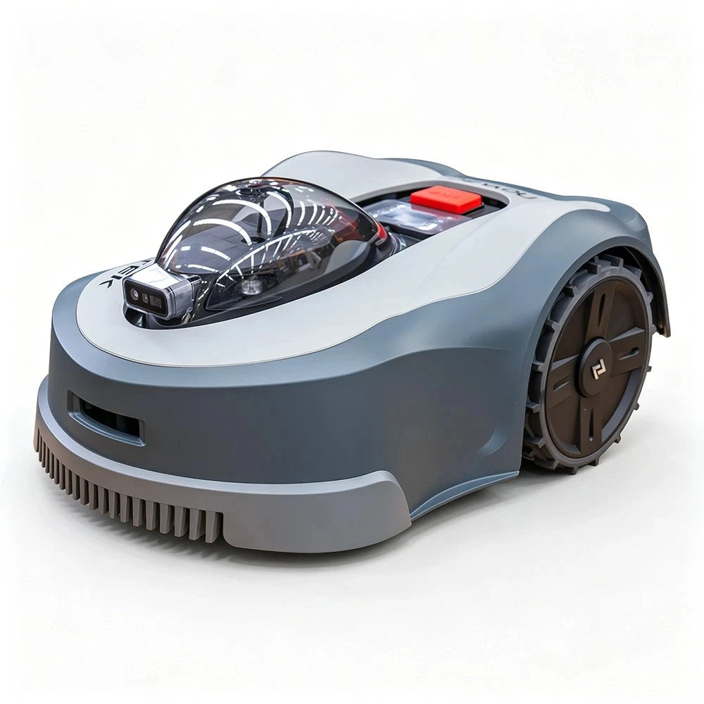 Wire-Free Robotic Lawn Mower front view, sleek gray and black design on white