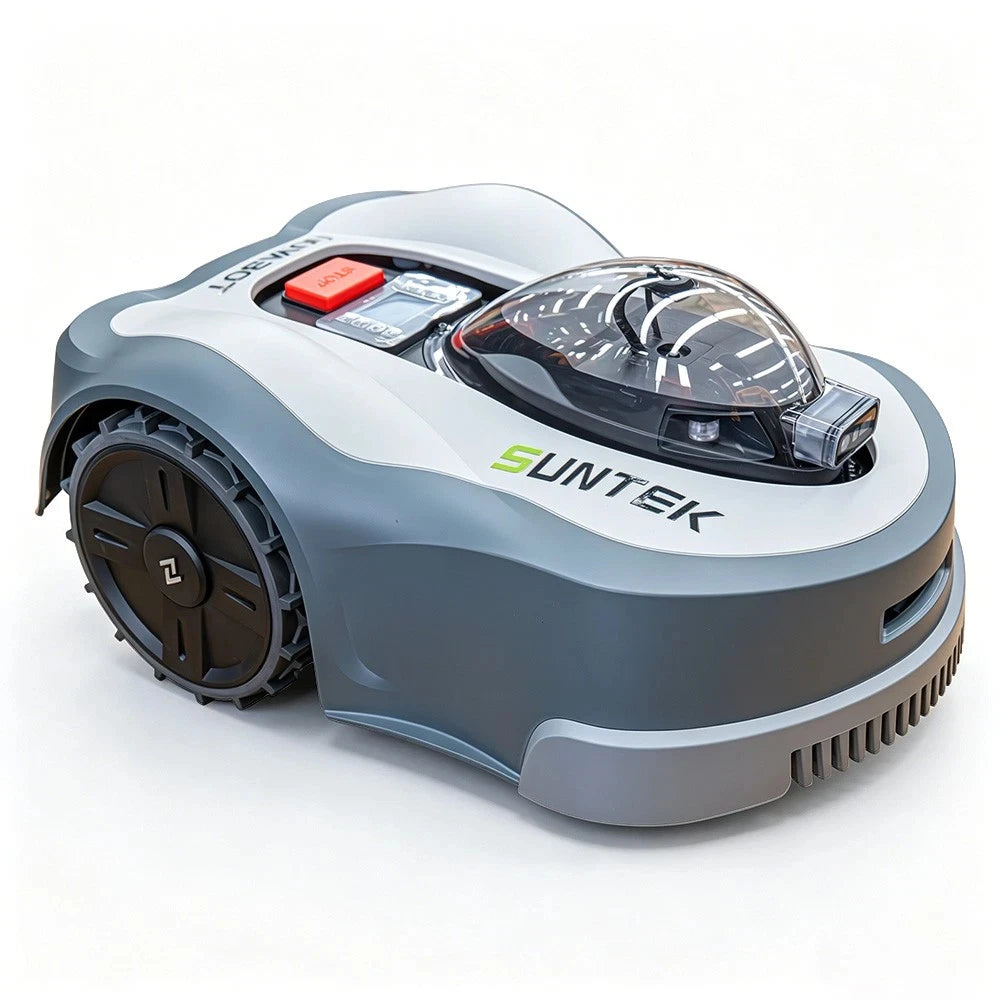 Wire-Free Robotic Lawn Mower side view, gray and black with front sensor