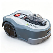 Wire-Free Robotic Lawn Mower side view, gray and black with front sensor