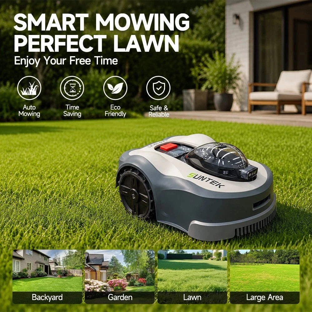 Wire-Free Robotic Lawn Mower side view, control panel detail in gray and black