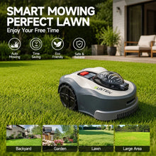 Wire-Free Robotic Lawn Mower side view, control panel detail in gray and black
