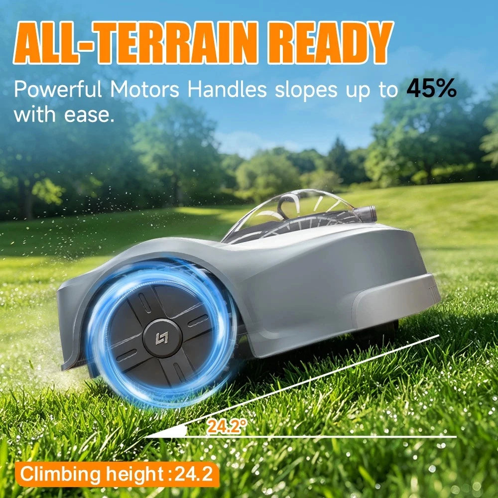 Wire-Free Robotic Lawn Mower lifestyle shot, gray and green mower on natural background