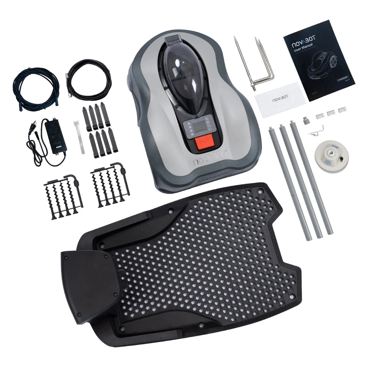 Wire-Free Robotic Lawn Mower benefits graphic, automatic mowing concept on solid background