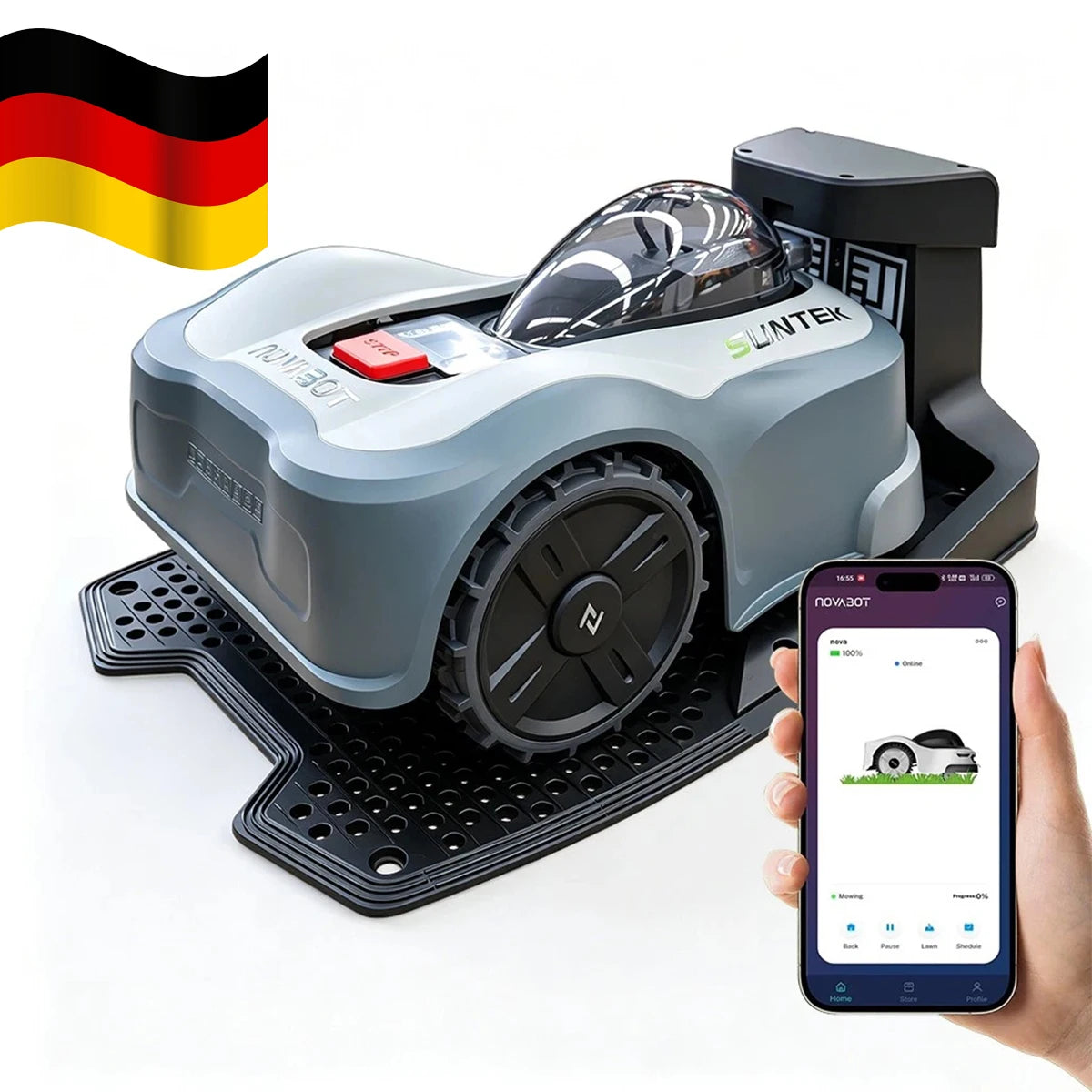 Wire-Free Robotic Lawn Mower lifestyle shot, green and gray mower in garden
