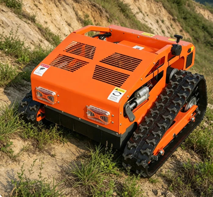 SAAO robot lawn mower back view, orange and black tracked vehicle