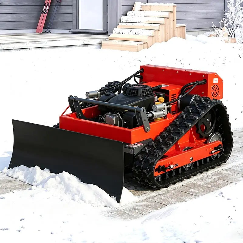 SAAO robot lawn mower side view, orange and black tracked wheels