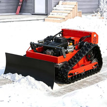 SAAO robot lawn mower side view, orange and black tracked wheels
