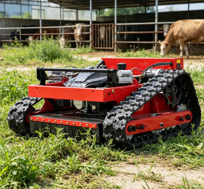 SAAO robot lawn mower side view, black and blue tracked off-road vehicle