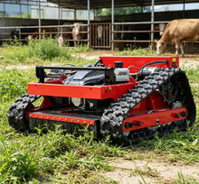 SAAO robot lawn mower side view, black and blue tracked off-road vehicle