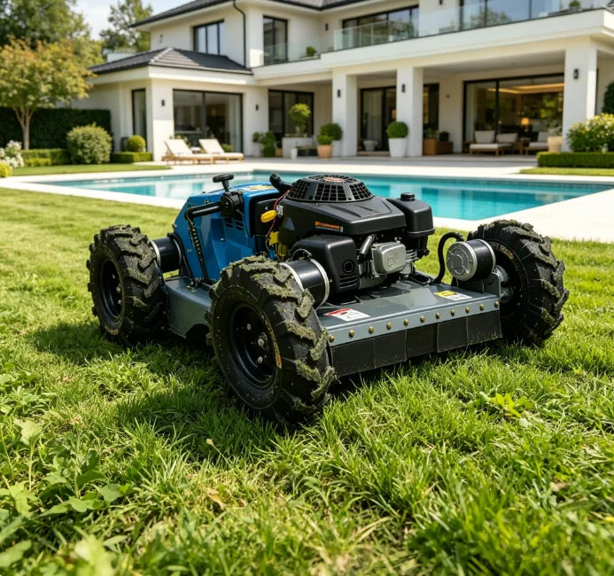 SAAO robot lawn mower side view, red and black tracked vehicle