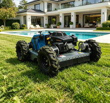 SAAO robot lawn mower side view, red and black tracked vehicle
