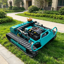SAAO robot lawn mower side view, teal and black tracked outdoor robot