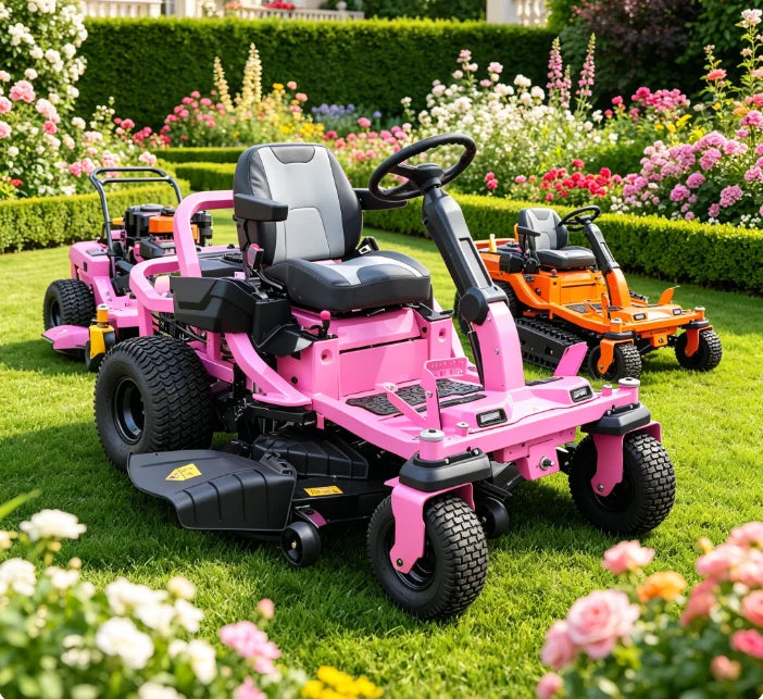 SAAO robot lawn mower side view, pink and orange go-karts in garden