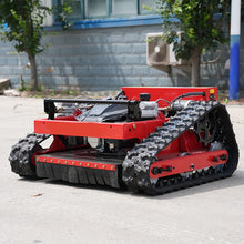 SAAO robot slope crawler snow blower, red tracked wheels, engine compartment, side view