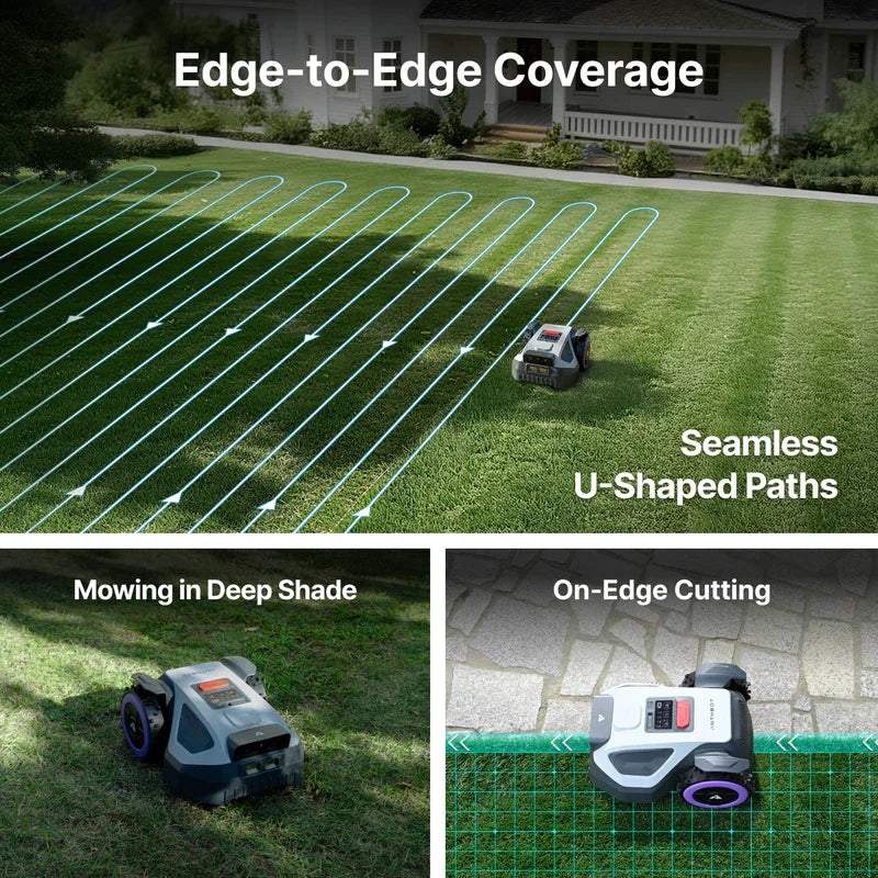 Anthbot M5+ lifestyle shot of gray and green robot mower