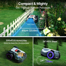 Anthbot M5+ lifestyle shot showing edge cutting on striped lawn